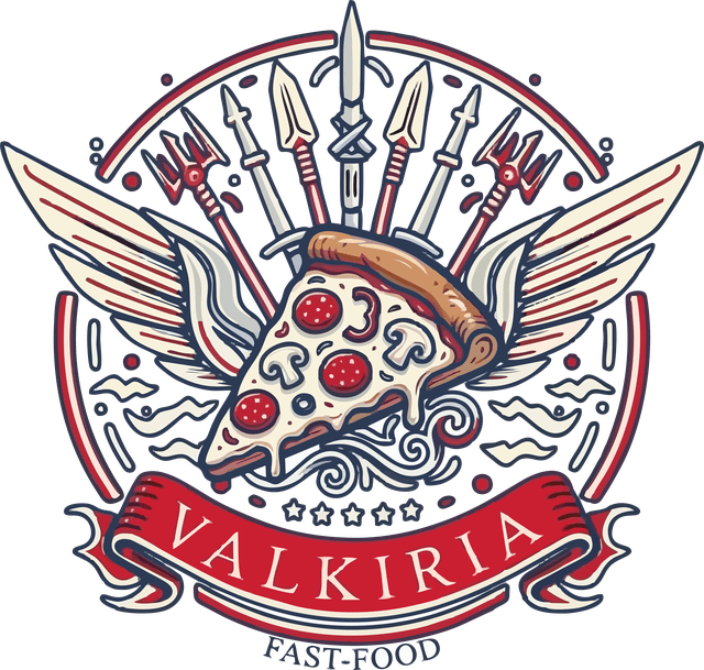 Emblema de Valkiria Fast-Food: una porción de pizza con alas, custodiada por lanzas